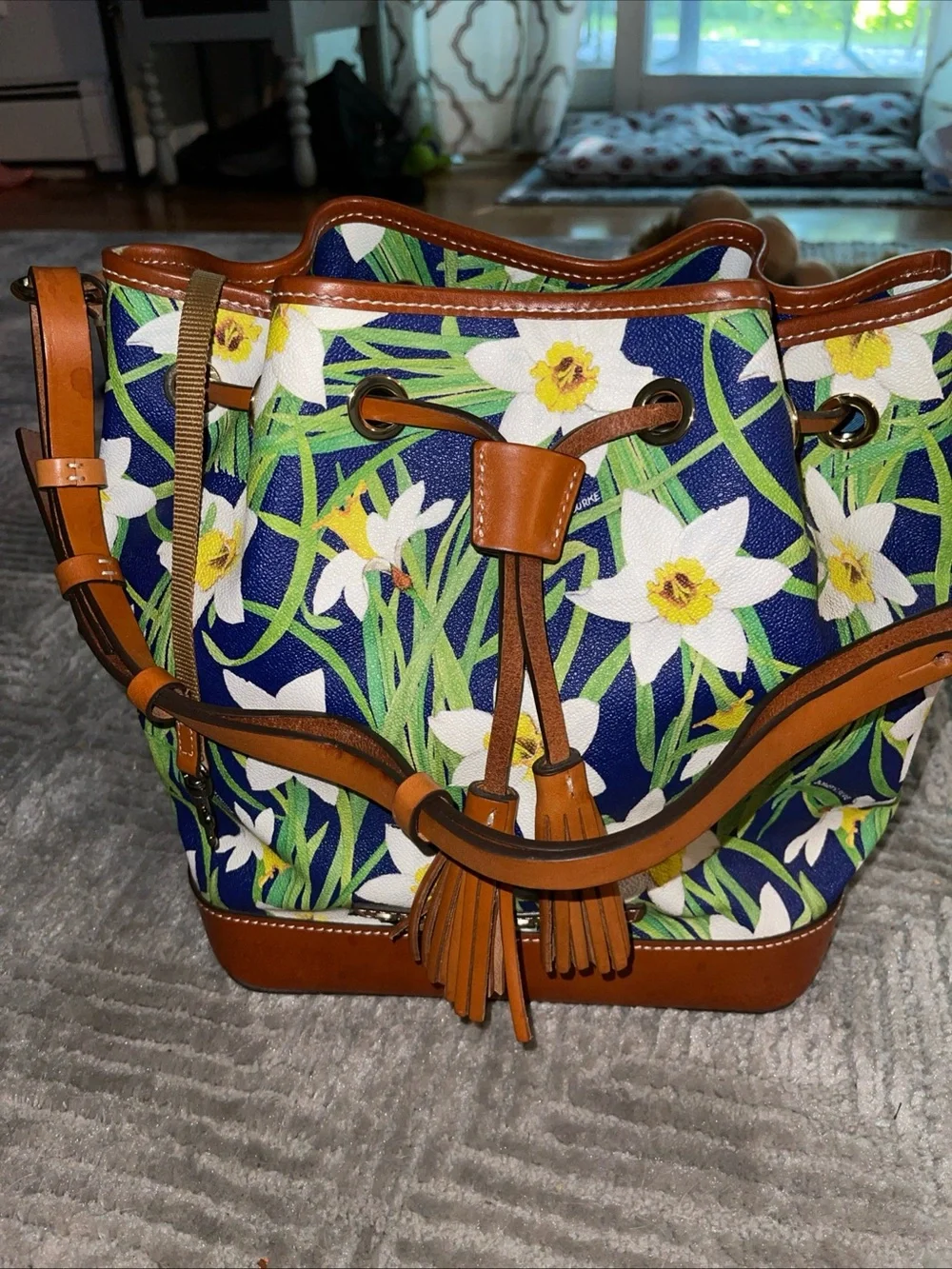 Dooney & Bourke Navy Floral Drawstring Bucket Bag with Tan Trim